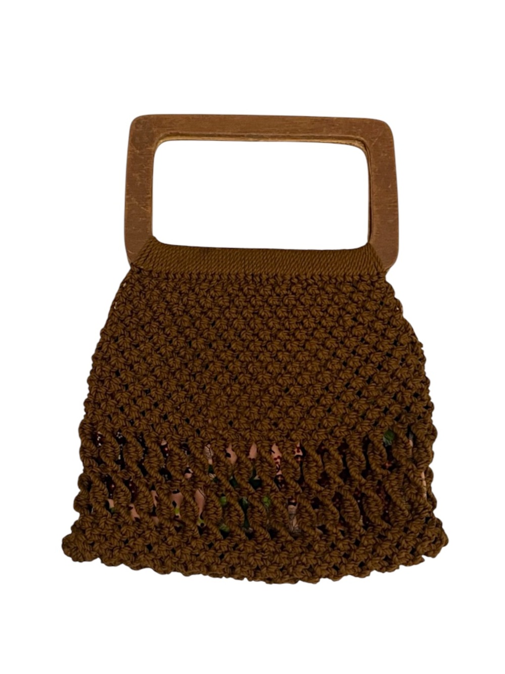 Vintage handbag brown crochet macrame purse wood handle 70s